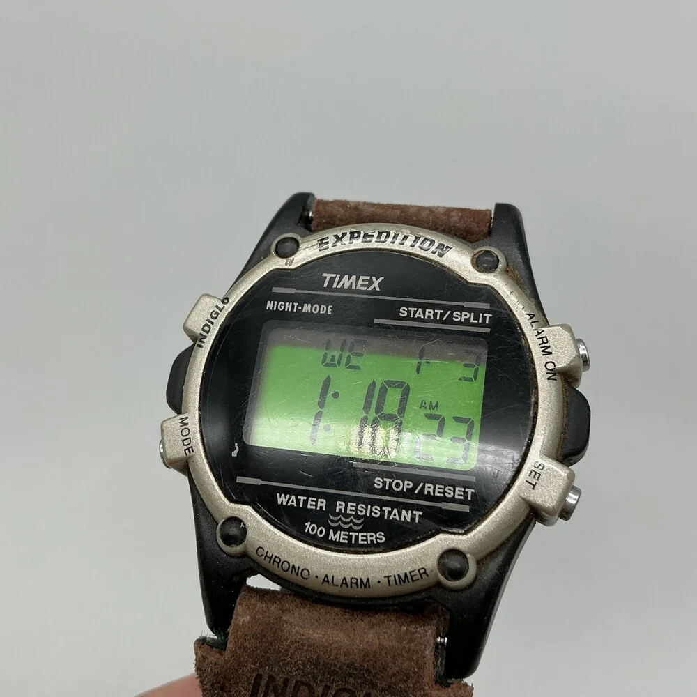 Vintage Timex Expedition Mens Watch 40mm Green Digital Indiglo 100M New Battery